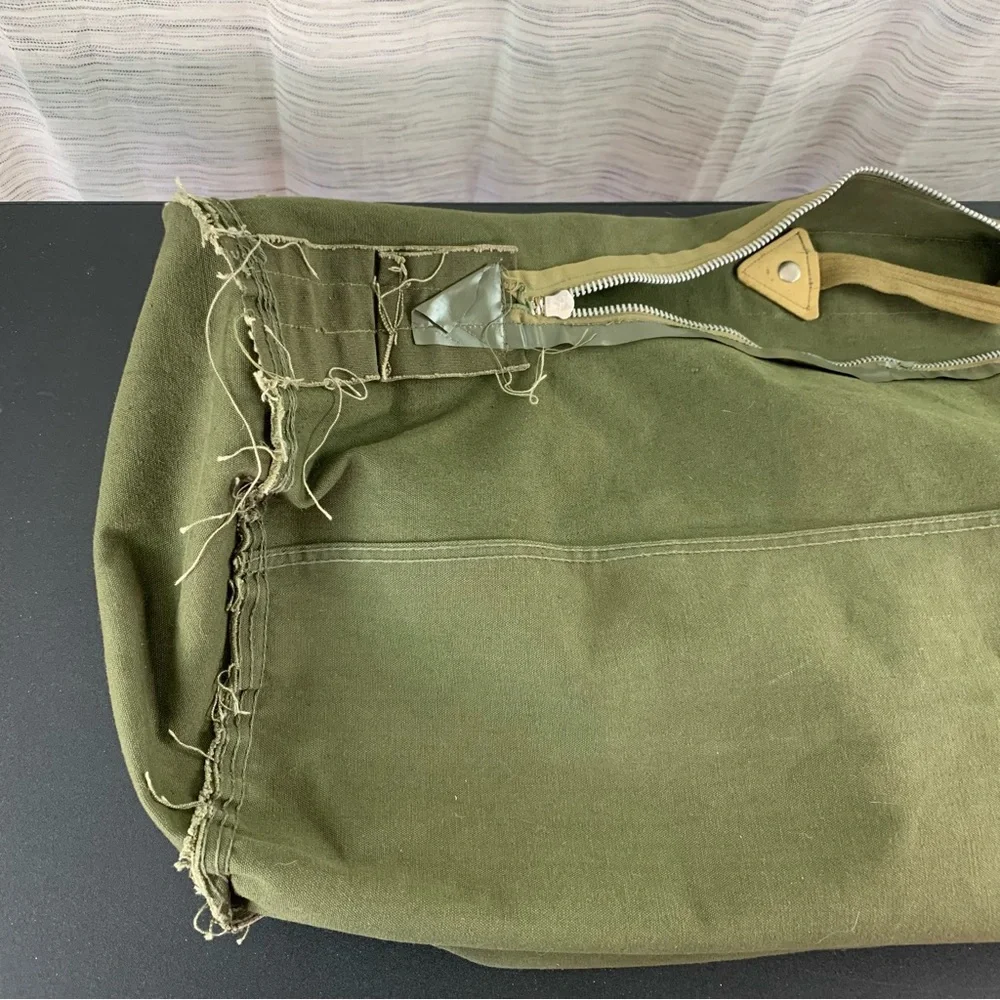 Green Olive Drab Zippered Canvas Duffle Bag.